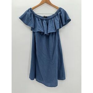 Madewell Ruffle Off Shoulder A-Line Mini Dress Blue Linen Blend Women's Size S‎